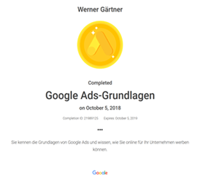 Werner Gärtner - Auszeichnung: Google Ads Grundlagen