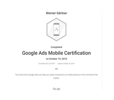 Werner Gärtner - Auszeichnung: Google Ads Mobile Certification