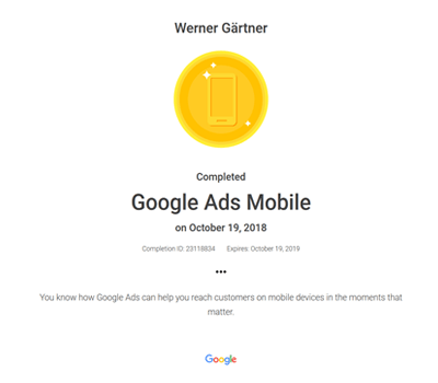 Werner Gärtner - Auszeichnung: Google Ads Mobile