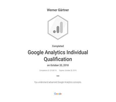 Werner Gärtner - Auszeichnung: Google Ads Analytics Individual Qualification
