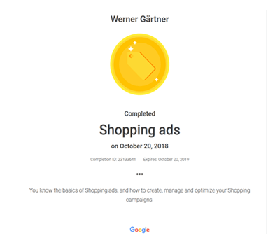 Werner Gärtner - Auszeichnung: Google Shopping Ads